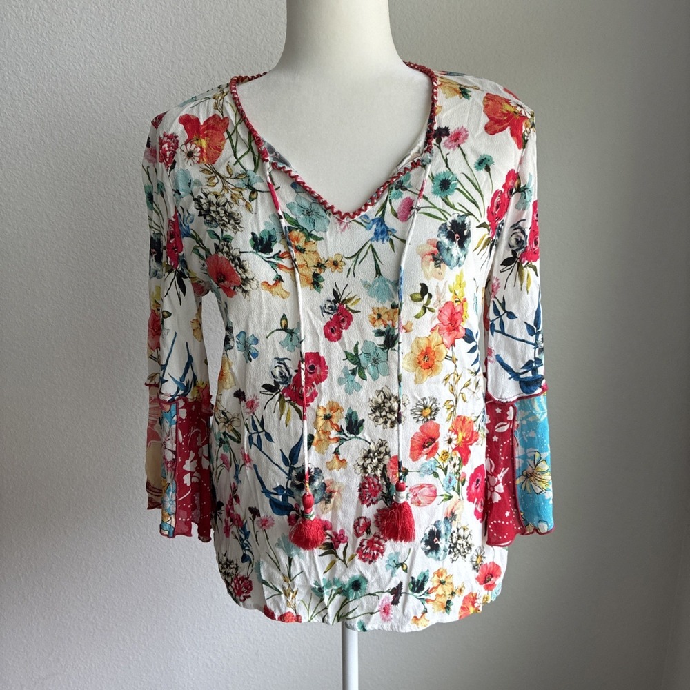 John Mark Womens Floral V Neck Tassel Bell Sleeve Boho Top Small Festival